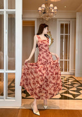Square Neck Sleeveless Floral Vintage Dress